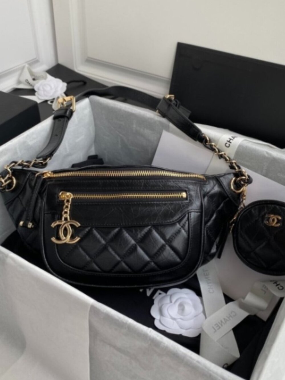 Chanel Black Crinkled Calfskin Hobo Bumbag